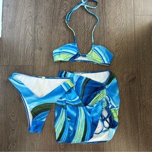 Blue and Green Bikini Set with Cover-Up